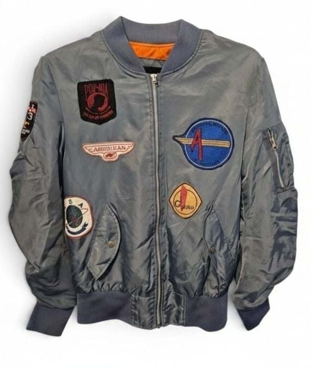 American Stitch Gray Bomber Jacket with Multi Patches